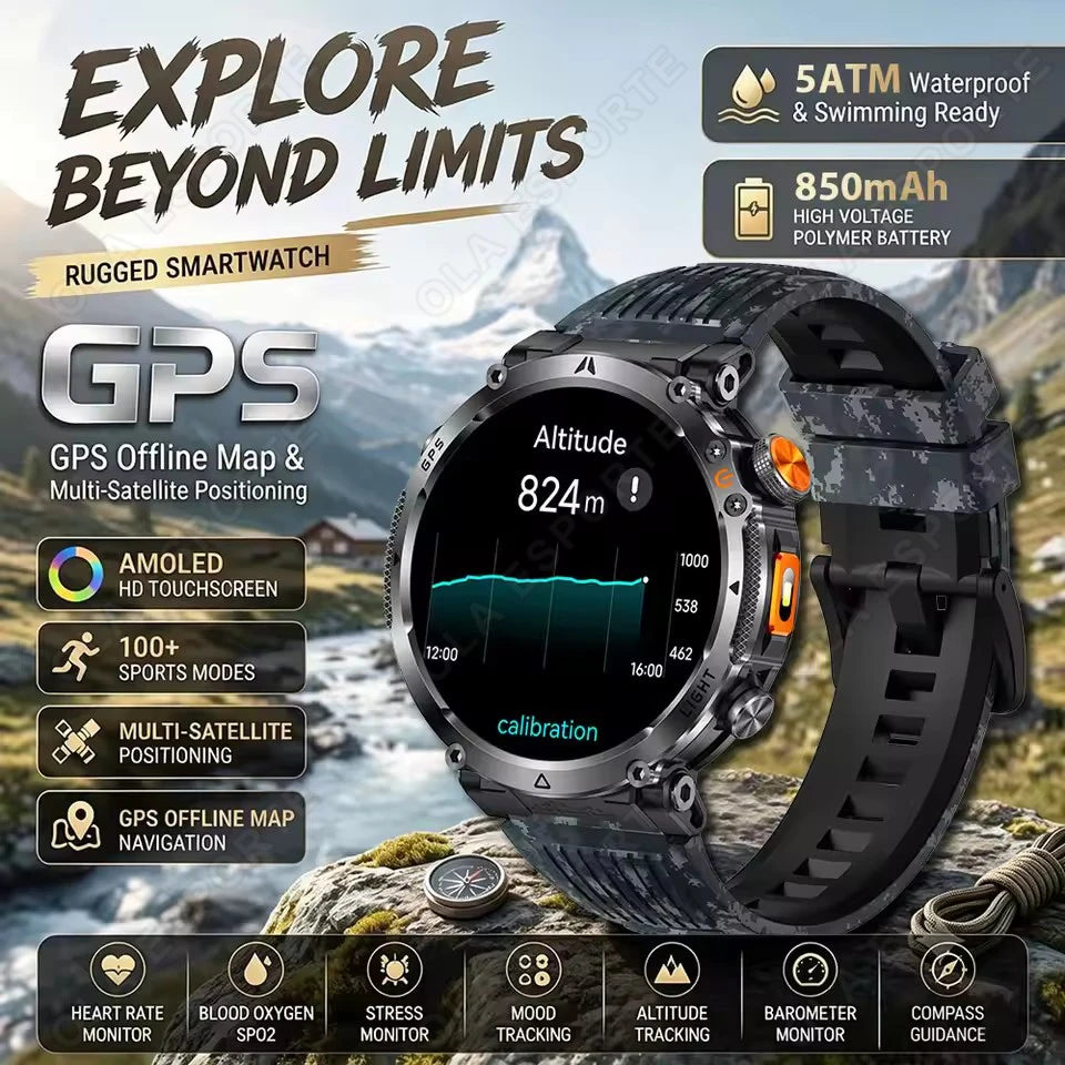 New Military GPS Sports Smart Watch Men Compass 3ATM Waterproof Swim Fitness Tracker AMOLED HD SmartWatches 850Mah Battery HW12 Peaceful Pleasures Health and Wellness