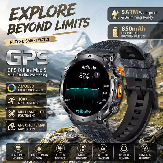 New Military GPS Sports Smart Watch Men Compass 3ATM Waterproof Swim Fitness Tracker AMOLED HD SmartWatches 850Mah Battery HW12 Peaceful Pleasures Health and Wellness
