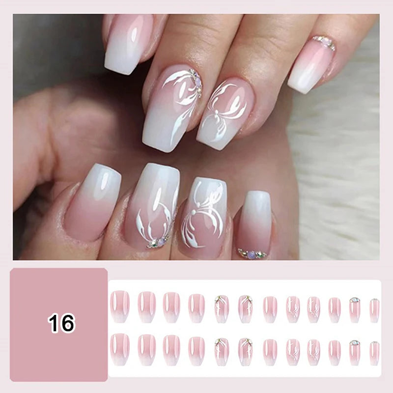 24/30Pcs Medium Fake Nail Set With Jelly Glue Gradient French Press On False Nail Elegantstyle Nails Full Cover Wearing False Peaceful Pleasures Health and Wellness 16
