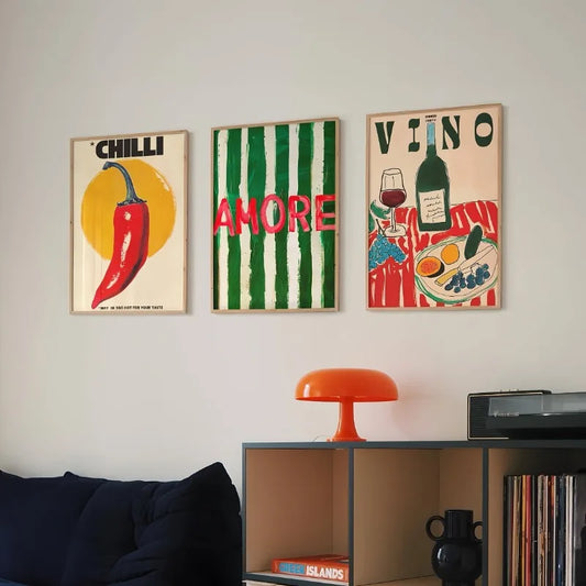 3pcs Unframed Vintage Amore Canvas Print Vino Wine Glass and Chili Dopamine Wall Art Poster Home Decor Maximalism Perfect Gift Peaceful Pleasures Health and Wellness