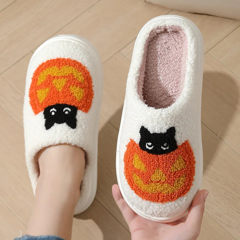 Halloween Pumpkin Cat Plush Slippers – Cozy Indoor House Shoes