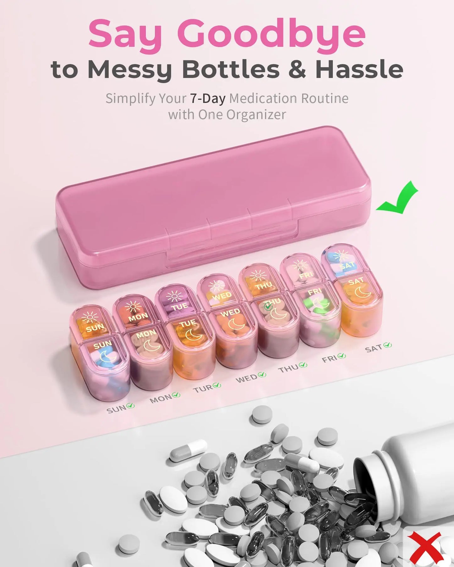 Pill Organizer, Pill Box 7 Day Am & Pm Pill Organizer 7 Days,Weekly Pill Case 2 Times a Day,Medicine Organizer for Travel Peaceful Pleasures Health and Wellness
