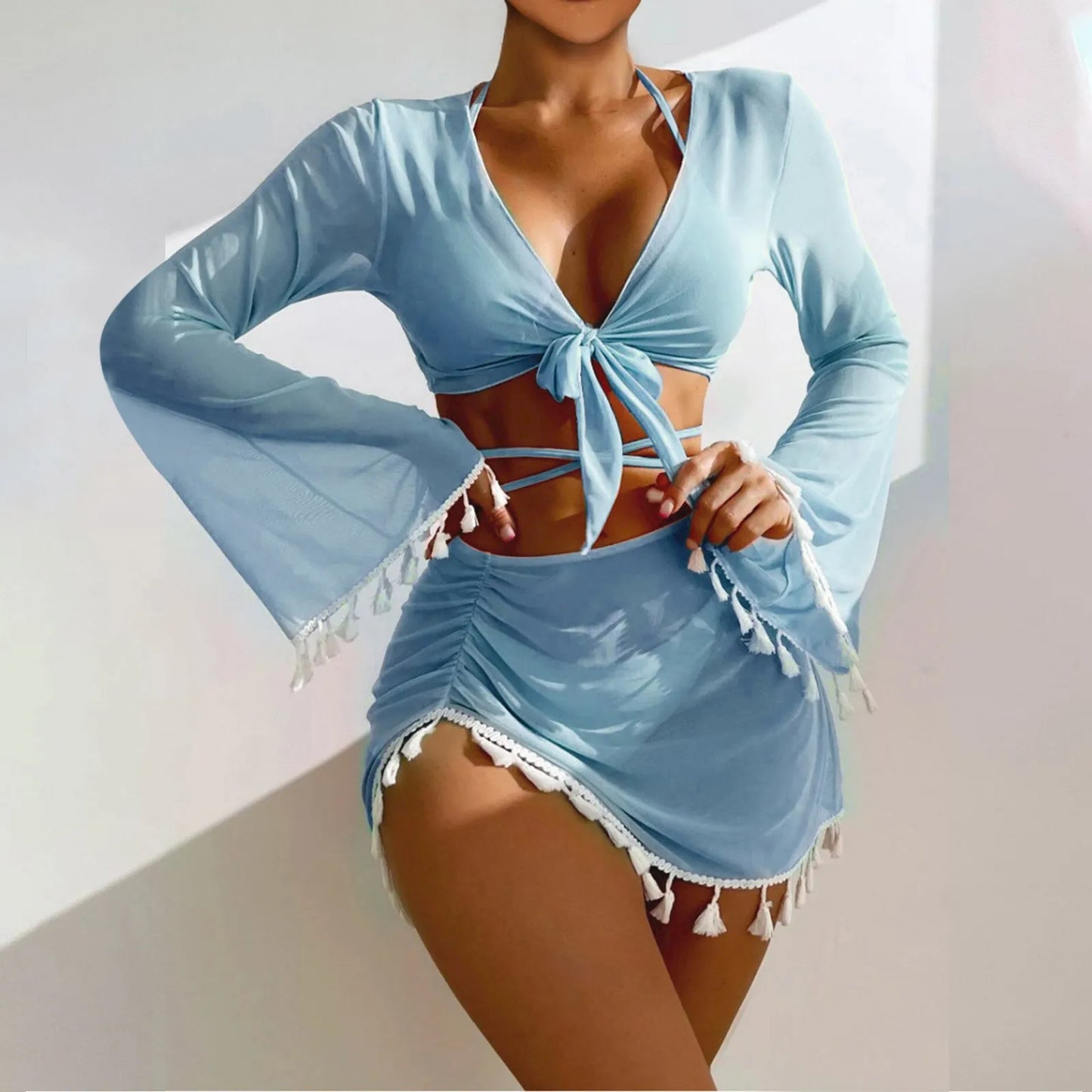 Solid Color Sexy Fashion Slim Fitting Beach Swimwear For Lady Split Lightweight Strap High Waist Pleated Cover-up Four-Piece Set Peaceful Pleasures Health and Wellness Sky Blue M