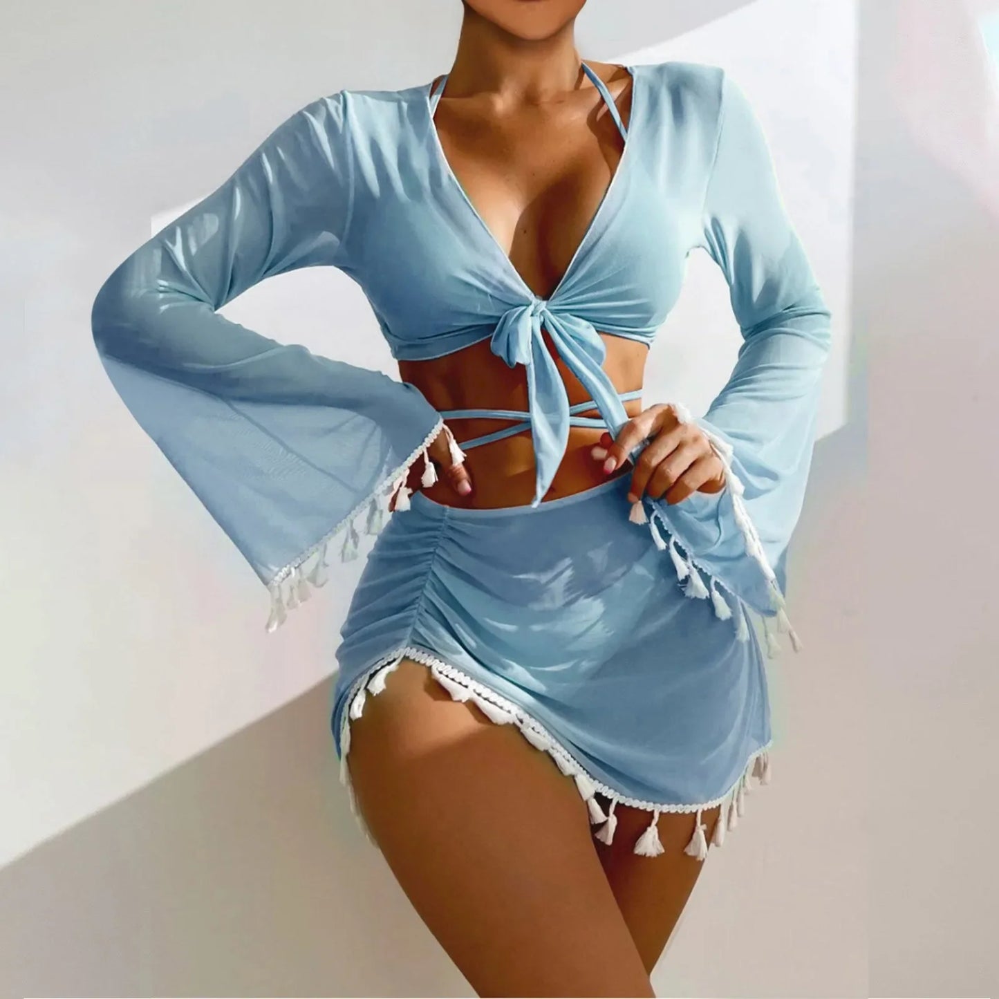Women's 4-Piece High Waist Bikini Set with Cover-Up Skirt