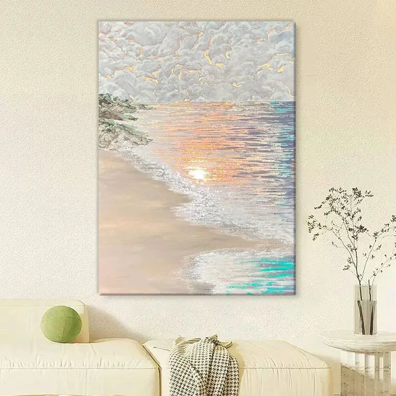 Abstract Hanging Painting of the Sea and Beach, Handmade Oil Painting, Living Home Decoration, Bedroom, Dining Room, Corridor Peaceful Pleasures Health and Wellness