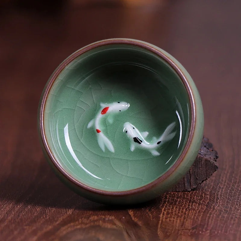 60ml Crackle Golden Fish Celadon Porcelain Teacups Delicate Longquan Tea Cup Bowl Kungfu Serviceable Chinese Tea Cup Tea Making Peaceful Pleasures Health and Wellness