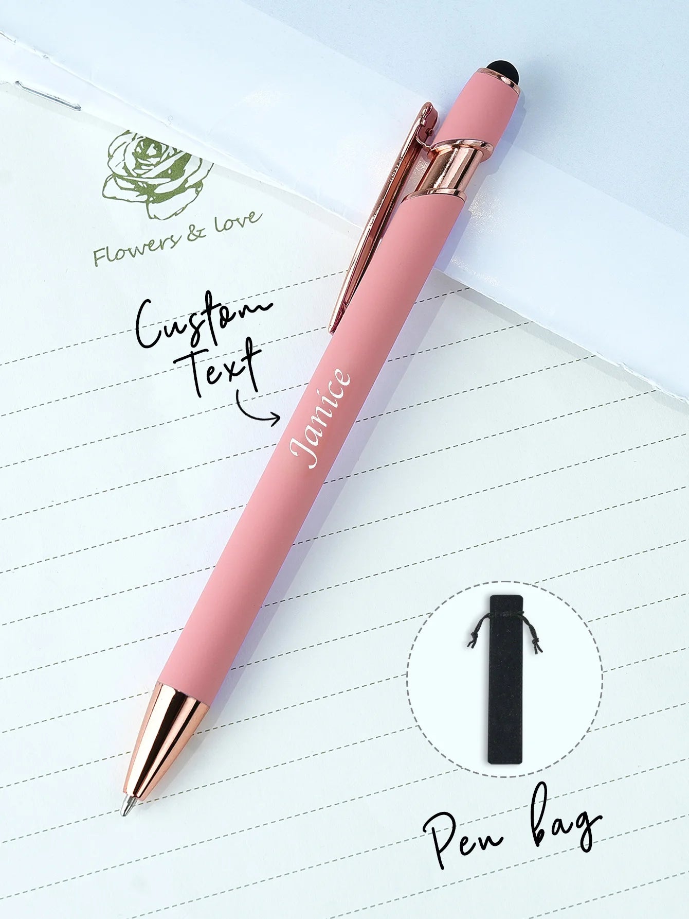 Custom Name Ballpoint Pen Personalized Engraved Stylus Soft Touch 10 Colors Gift For Coupes Teacher Student Back To School Peaceful Pleasures Health and Wellness Rose Gold One Size
