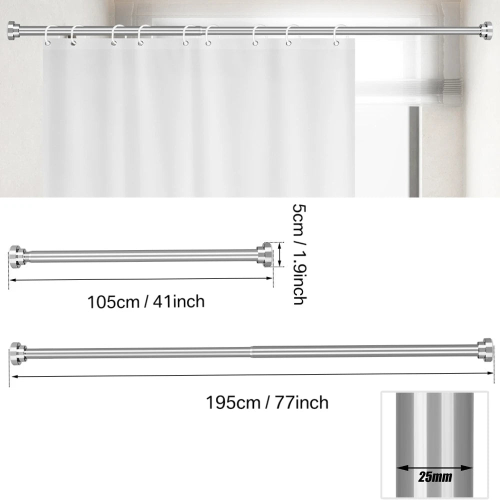 Adjustable Shower Curtain Rod 85-195cm Telescopic Tension Spring No Drilling Premium Stainless Steel Non-Slip Bathroon Poles Peaceful Pleasures Health and Wellness 105-195cm Sliver