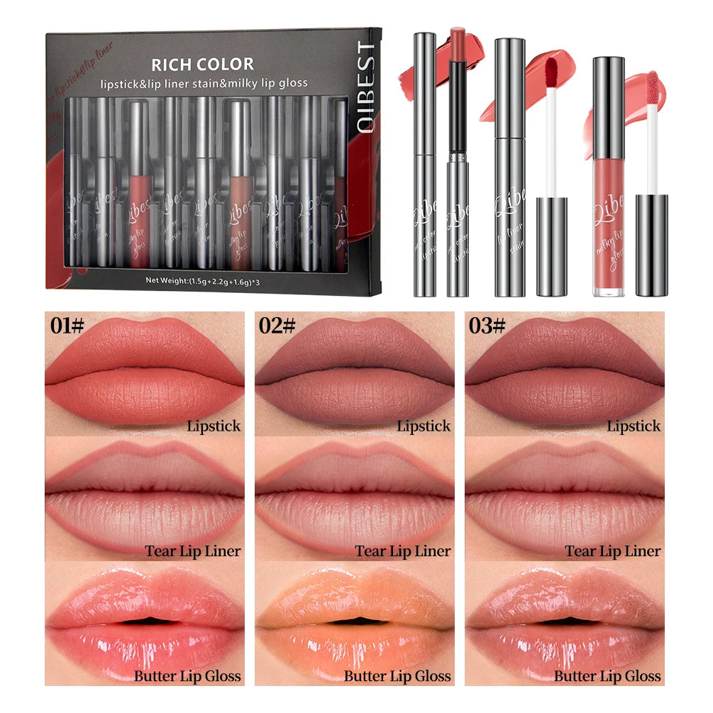 QIBEST 9pcs Lip Makeup Sets Include Lipstick+Tear Lip Liner+Butter Lip Gloss Nude Velvet Lip Glaze Tint Lasting Makeup Kits Peaceful Pleasures Health and Wellness SET A