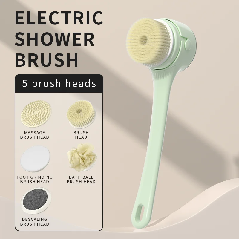 2026 NEW Electric Shower Body Cleaning Brush 5 Heads Spinning Spa Bath Brush Waterproof Long Handle Personal Back Rubbing 3 Gear Peaceful Pleasures Health and Wellness CB-green