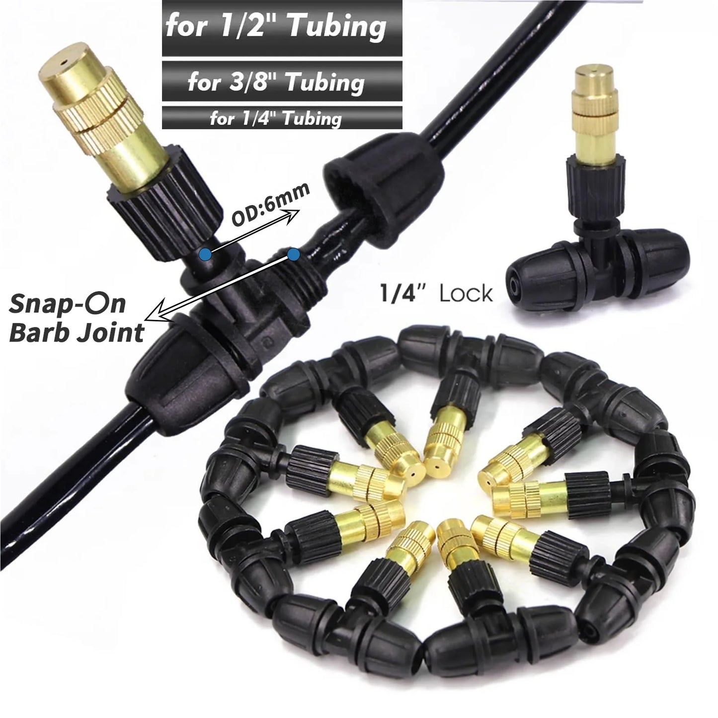 1/4'' 3/8'' 1/2'' Tubing Brass Misting Nozzles with Tee Connector Snap-On Quick Joint Outdoor Garden Irrigation Atomizer Sprayer Peaceful Pleasures Health and Wellness