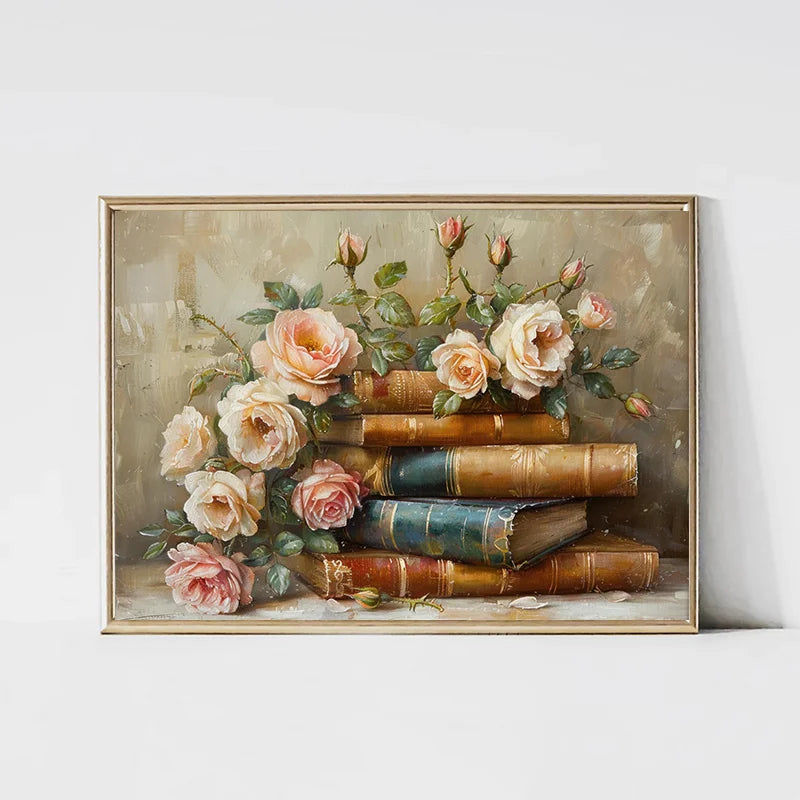 Books & Flowers Vintage Canvas Wall Art | Pink Farmhouse Print
