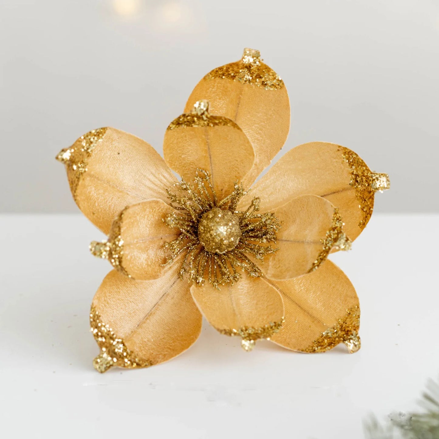 20cm Pink Glitter Magnolia Christmas Flower Pick | Xmas Decor