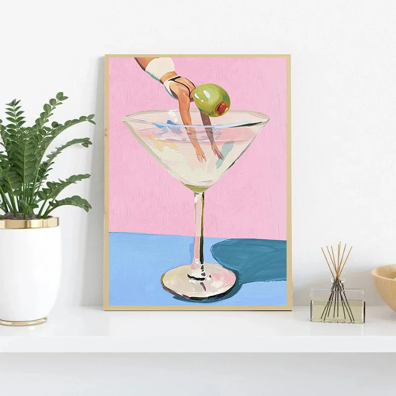 Coffee Martini Cocktail Margarita Drink Girl Jumping Into Wine Glass Fun Poster Canvas Printing Wall Art Bar Club Kitchen Decor Peaceful Pleasures Health and Wellness