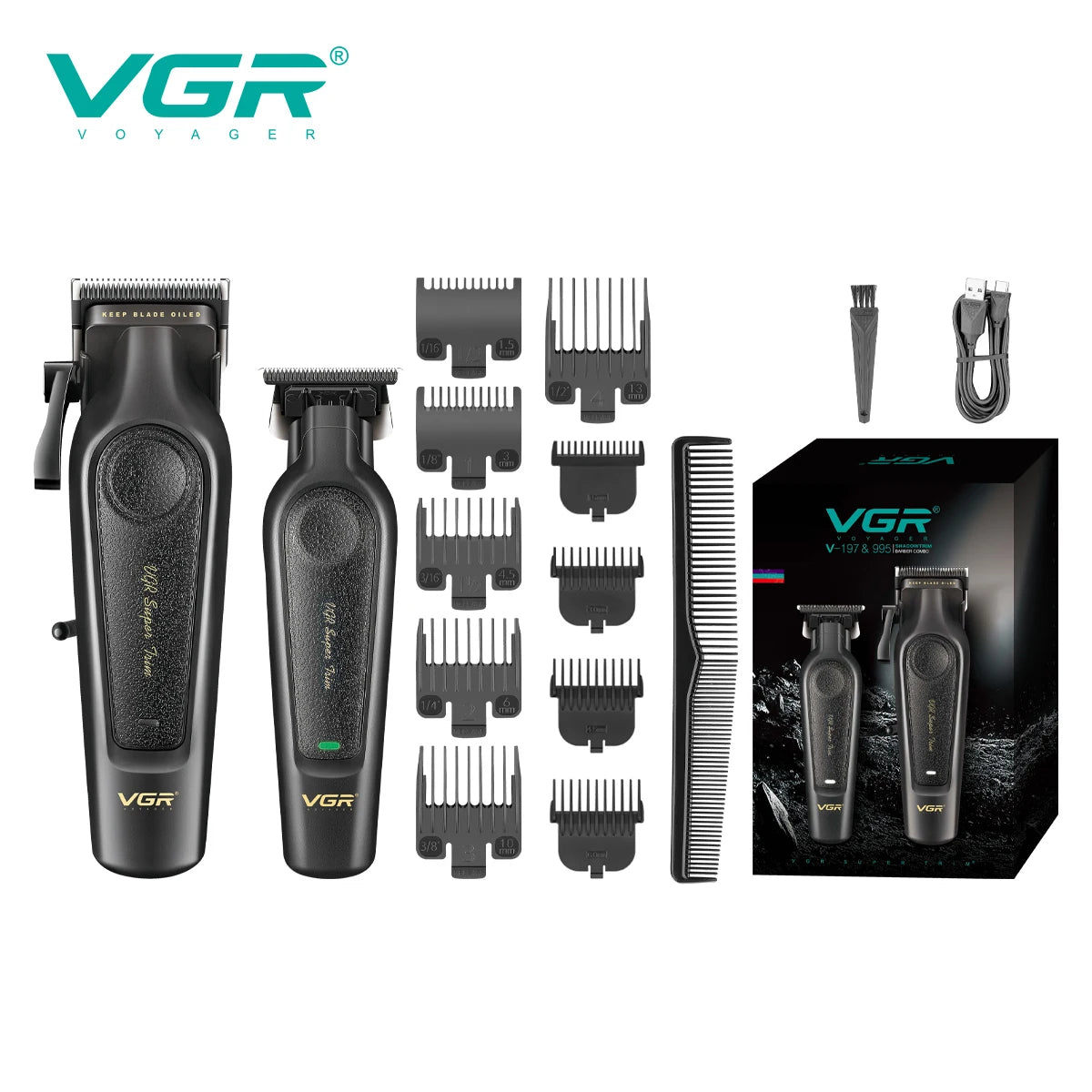 VGR Electric Hair Clipper 2-piece Set Men's Oil Head Carving Electric Push Leather Metal Body Powerful Power Machine V-197&995 Peaceful Pleasures Health and Wellness USB