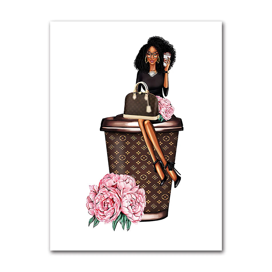 Paris Fashion Girl Flower Canvas Wall Art Print | Unframed Poster