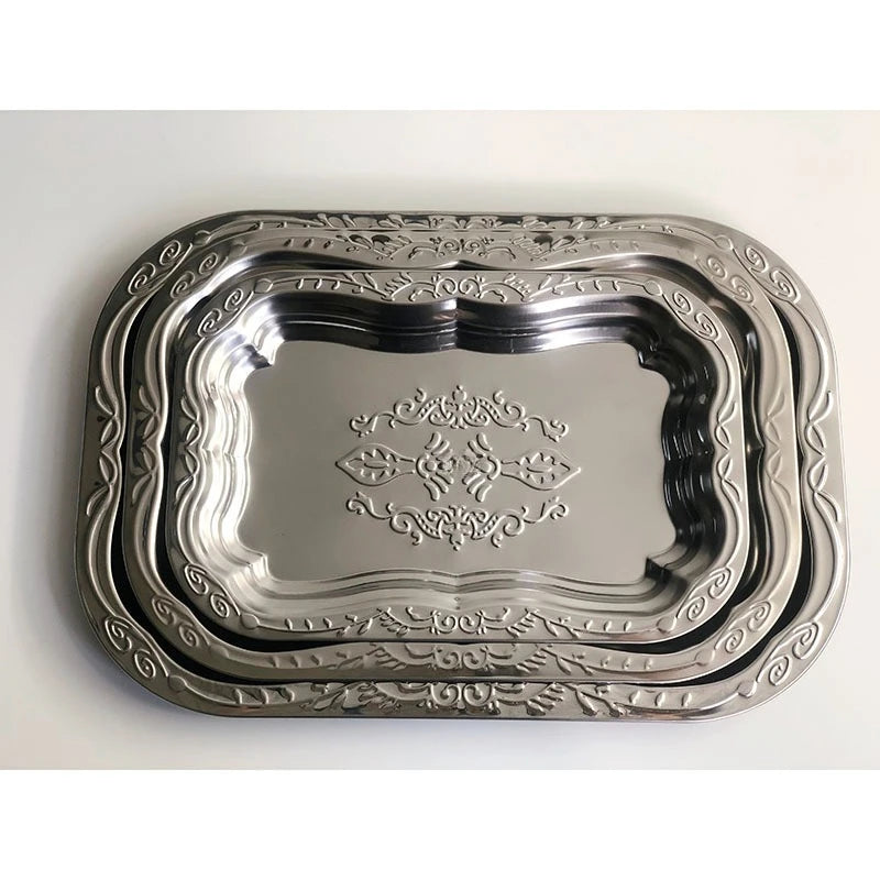 Hot Stainless Steel Rectangular Tray with Embossed Design for Kitchen Living Room Storage Durable Fruit Snack Cake Serving Dish Peaceful Pleasures Health and Wellness 30x20x2cm