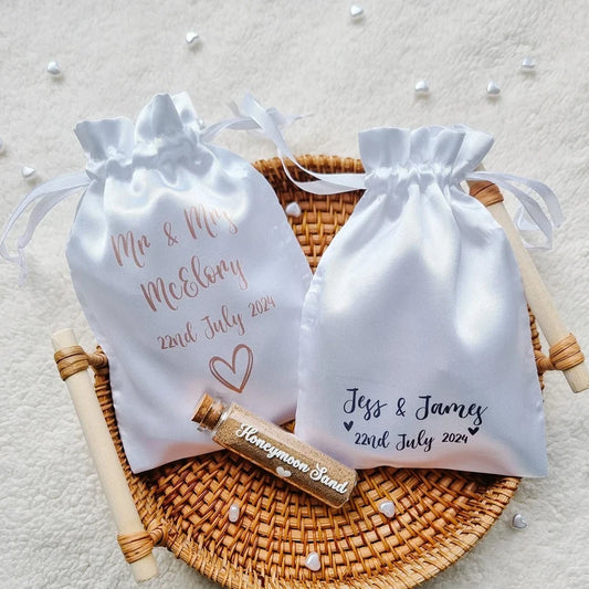 5-Pack Personalised White Satin Drawstring Bags | Wedding Favors Satin Gift Bags Peaceful Pleasures Health and Wellness
