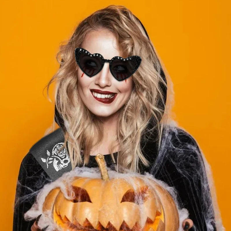Birthday Ghoul Black Heart Sunglasses & Sash Set | Goth Party