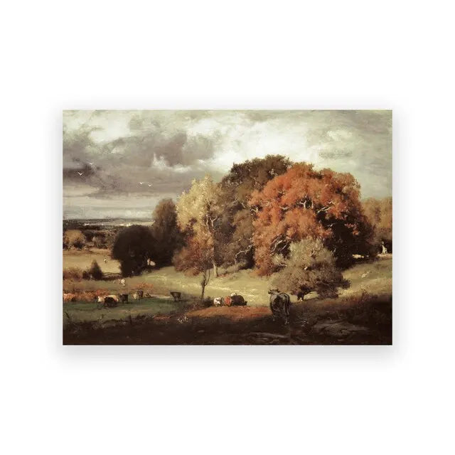 Vintage Autumn Farmhouse Landscape Canvas Print | Fall Wall Art