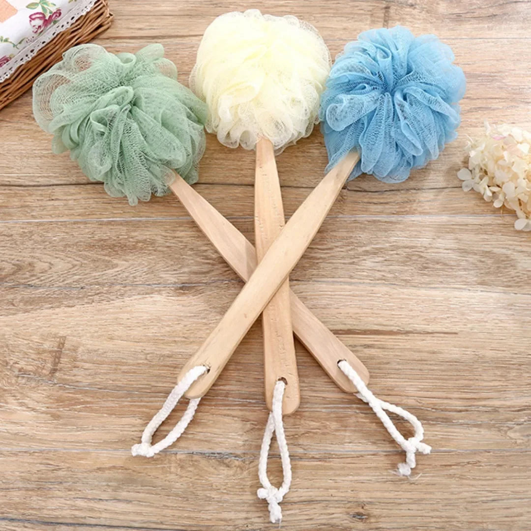 Wooden Handle Bath Brush & Mesh Back Scrubber Sponge Bath Back Scrubber Peaceful Pleasures Health and Wellness