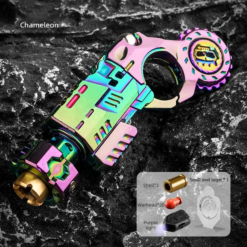 Mini Metal EDC Pistol Fidget Toy Ejecting Roller Spinner Mechanical Slider Ratchet Wheel Ring Stress Relief for Adults Peaceful Pleasures Health and Wellness Chameleon