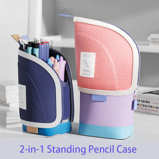 New Fashion 2-in-1 Standing Pencil Case Portable Vertical Student Pen Holder Retractable Pencil Bag Desk Supplies Holders Peaceful Pleasures Health and Wellness