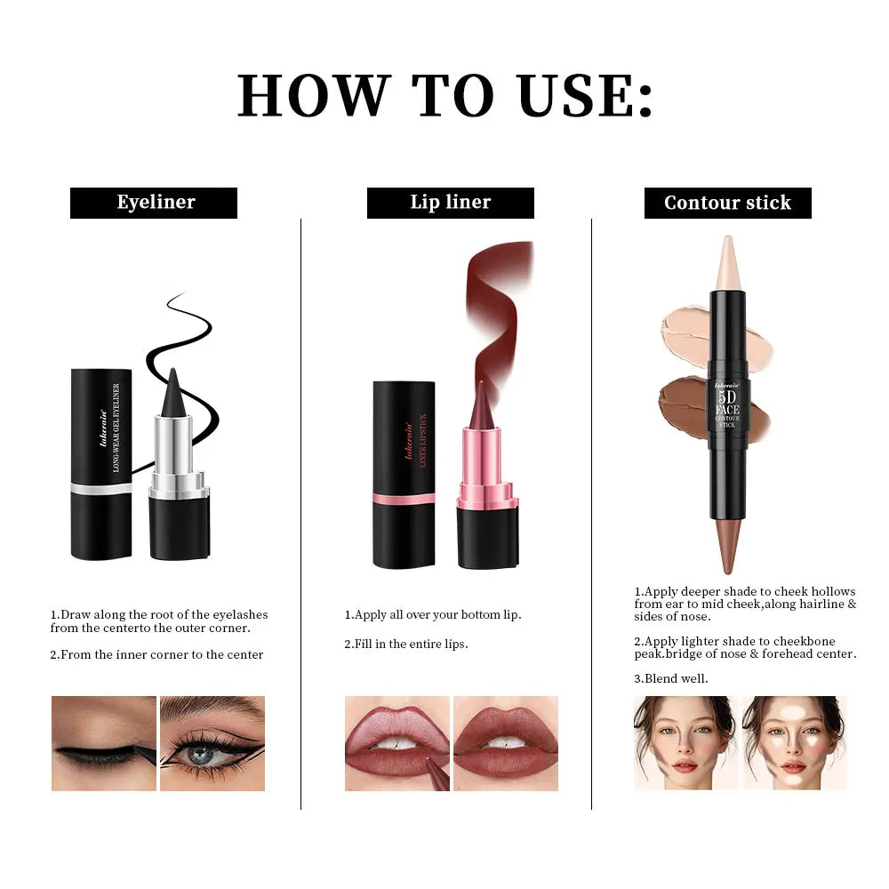 5D Perfect Makeup Set With Contouring Stick Eyeliner And Lipstick Easy Coloring Sweat-proof Long Lasting Daily Makeup Set Peaceful Pleasures Health and Wellness