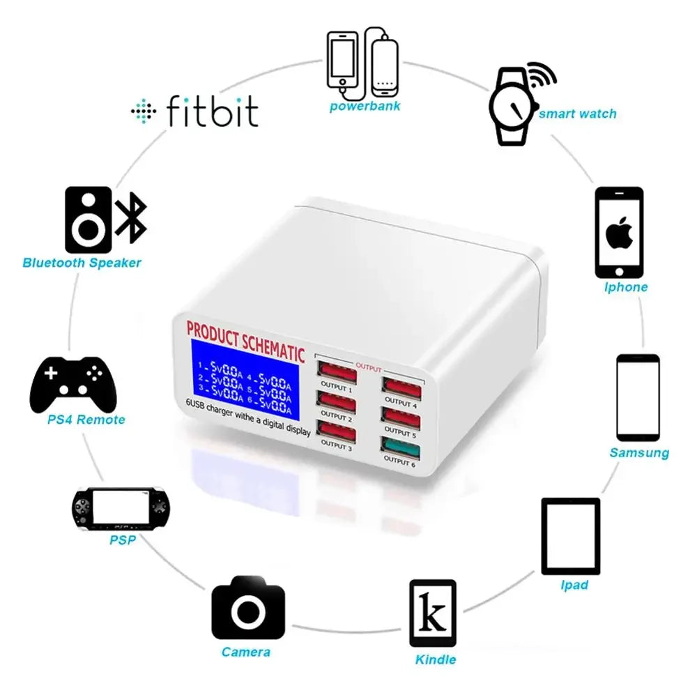 6-Port 40W QC3.0 USB Desktop Charger with LCD Display