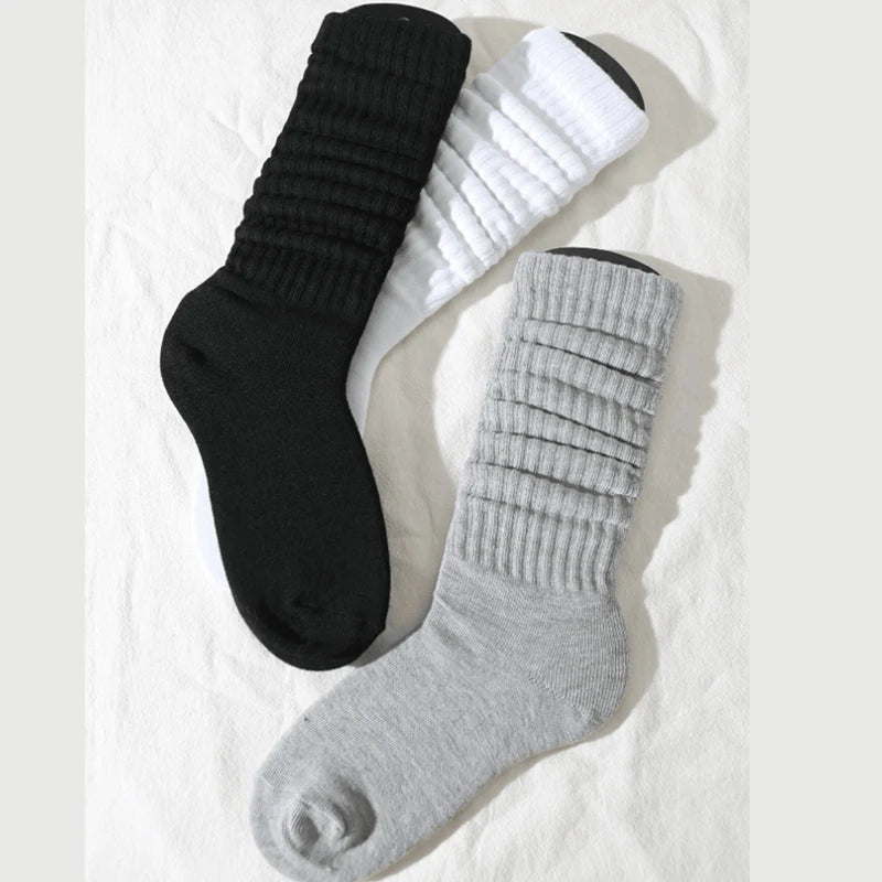3 Pairs Women Pile Up Socks Fashionable Trendy Versatile White Solid Color Basic Socks Comfortable Breathable Mid Length Socks Peaceful Pleasures Health and Wellness