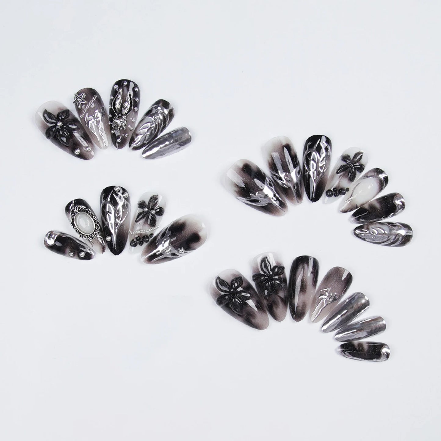 Gothic Punk Style False Nails Press On Nails Halloween Party 3D Flowers Black Silver Resin Retro Fake Nail Art Wearable 24pcs Peaceful Pleasures Health and Wellness