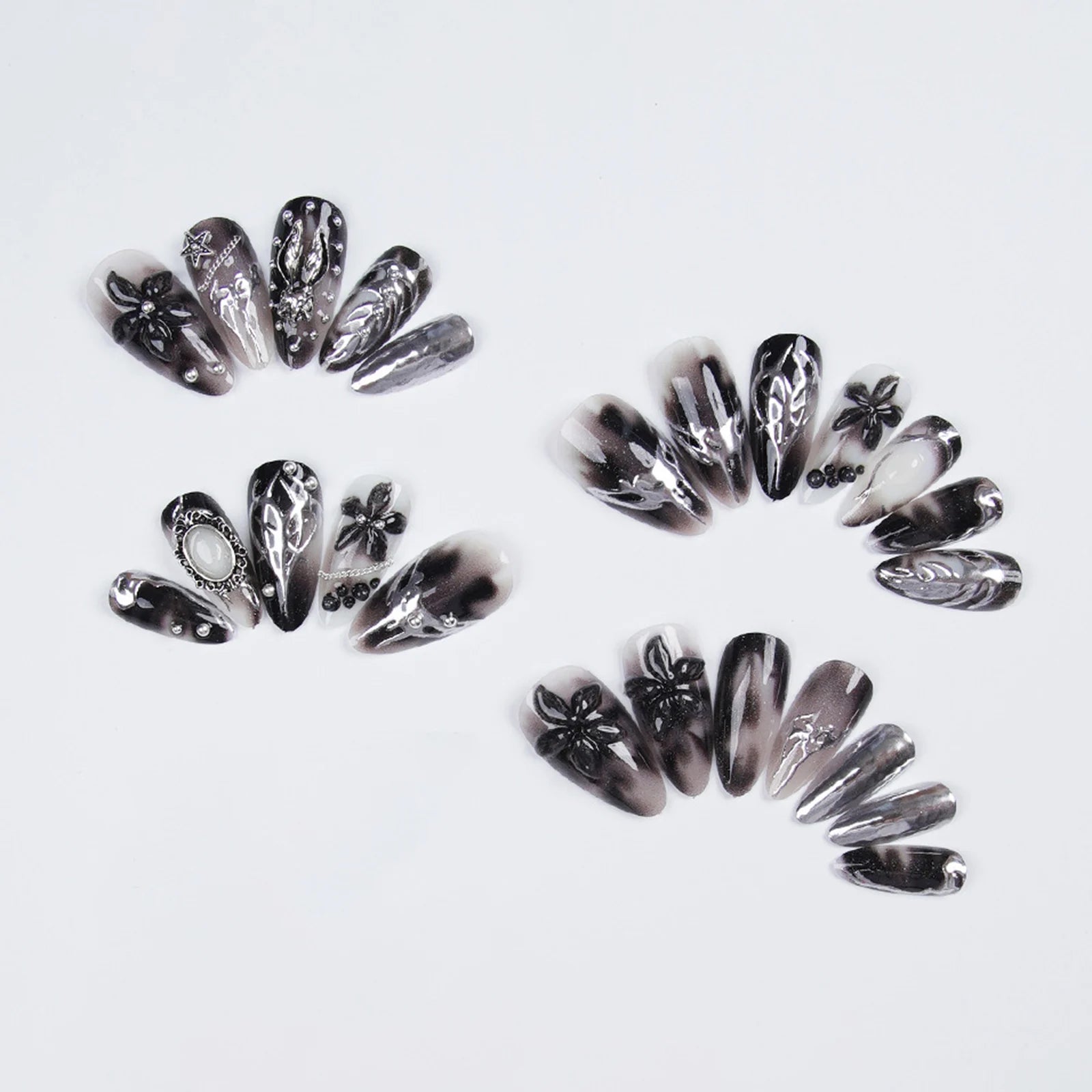 Gothic Punk Style False Nails Press On Nails Halloween Party 3D Flowers Black Silver Resin Retro Fake Nail Art Wearable 24pcs Peaceful Pleasures Health and Wellness