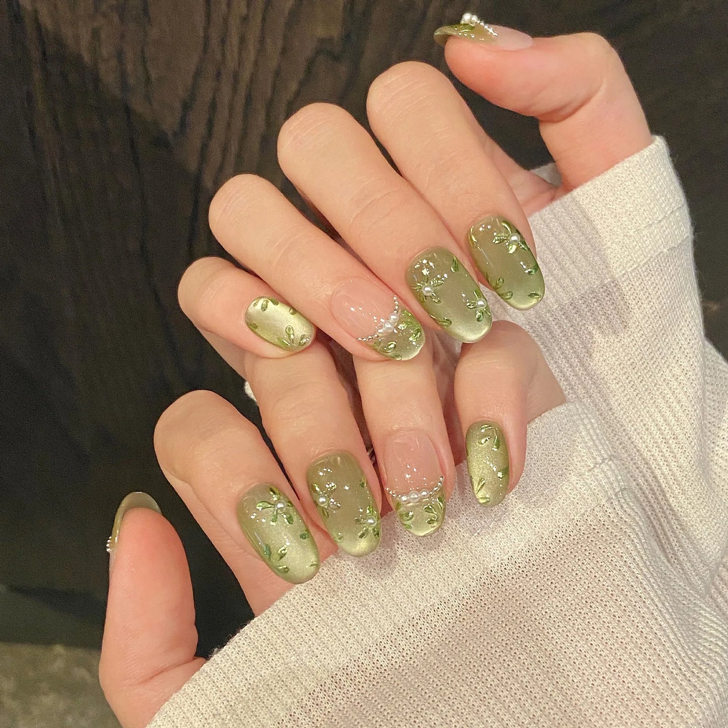 10pcs Handmade Press on Nails Green Flower Print Short Oval Head Fake Nails Wearable Glitter Green Cat Eye False Nail Tips Peaceful Pleasures Health and Wellness S