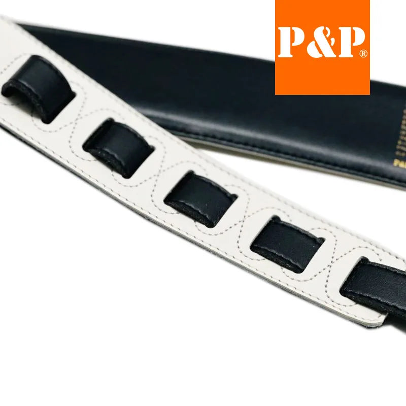 PP Guitar Strap Leather Shoulder Pads Lightning Cowhide Brown White