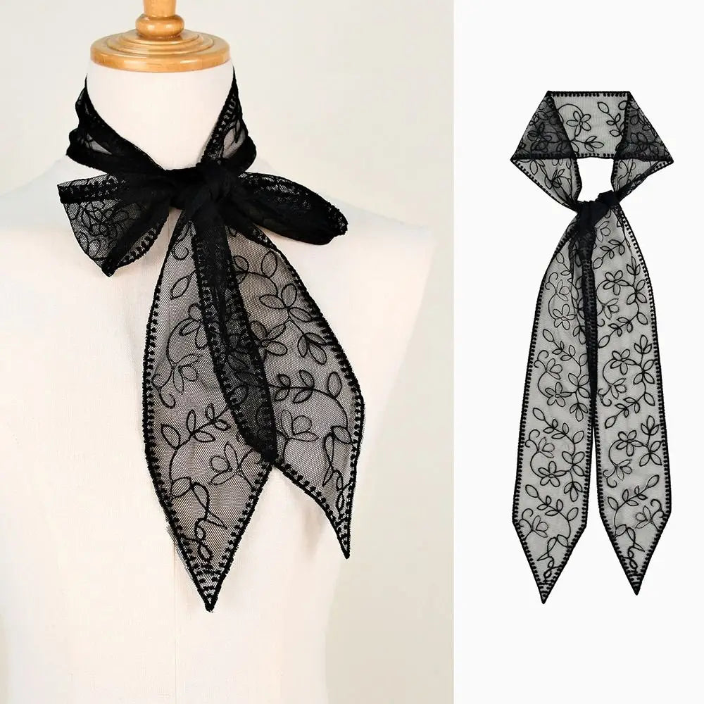 Women's Floral Embroidered Narrow Long Scarf Y2K Ribbon Headscarf