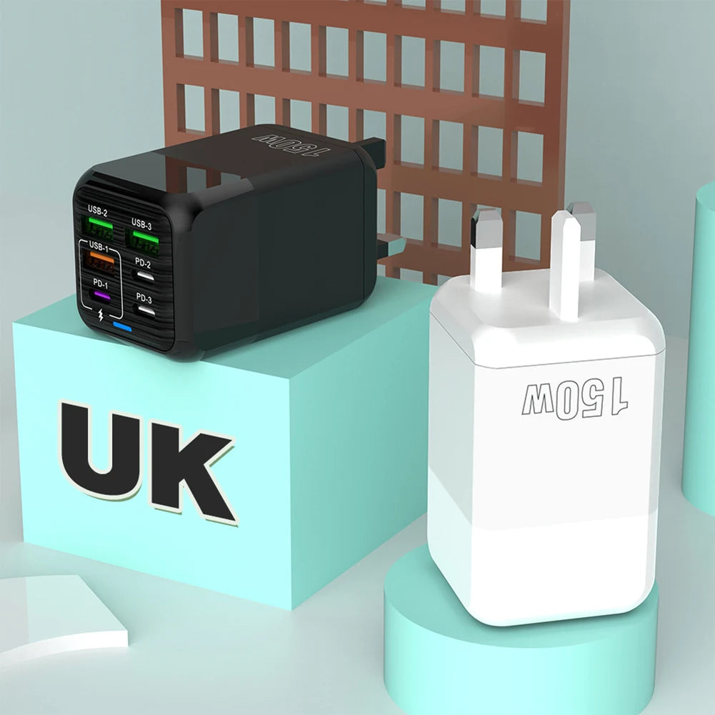 150W 6-in-1 Multi-Port Fast Charger | 3 USB + 3 PD