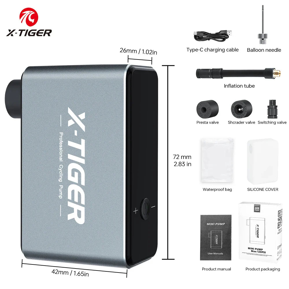 X-TIGER 120PSI Mini Electric Bike Pump – Rechargeable Portable