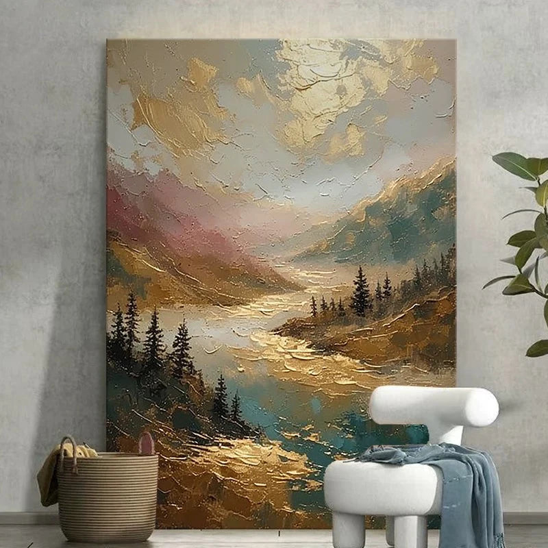 Modern Wall Art Home Decoration Gold Foil Scenery Mural Pure Hand Drawn Oil Painting Living Room Bedroom Porch Hanging Poster Peaceful Pleasures Health and Wellness