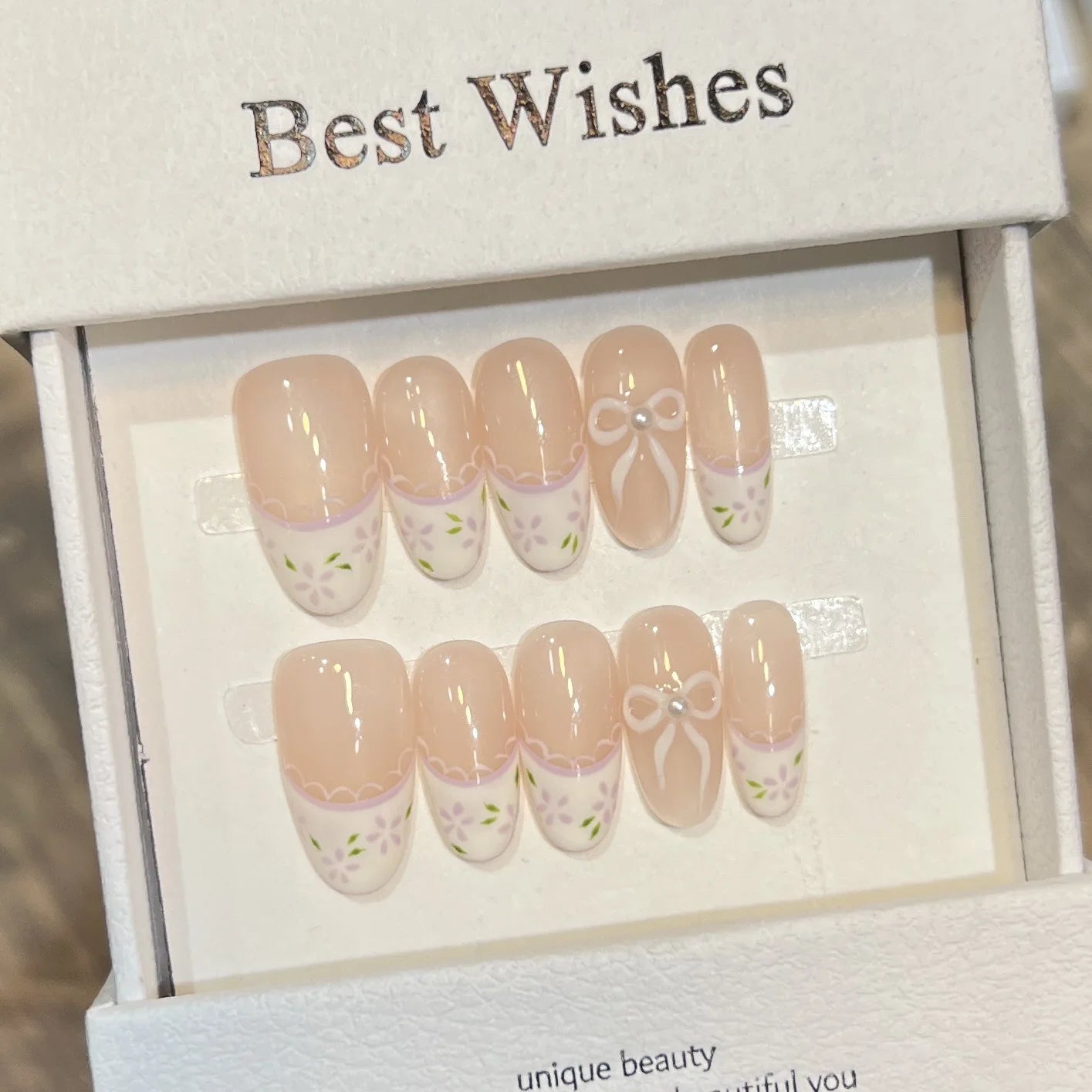 10pcs Handmade French Cat Eye Press on Nails Sweet Light Purple Bow Decor Fake Nails Wearable Korean Cute Ballet False Nails Peaceful Pleasures Health and Wellness