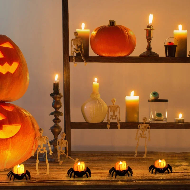 Halloween Pumpkin LED Candle & Spider Night Light Ornament Set