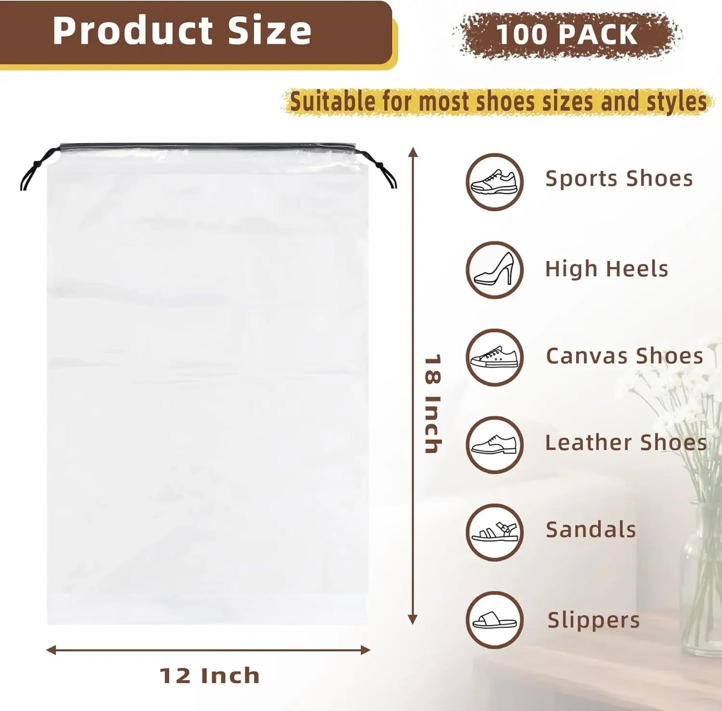 100 Pack Clear Waterproof Shoe Bags, 12x18 Inches Large Travel Storage with Drawstring for Men and Women Peaceful Pleasures Health and Wellness