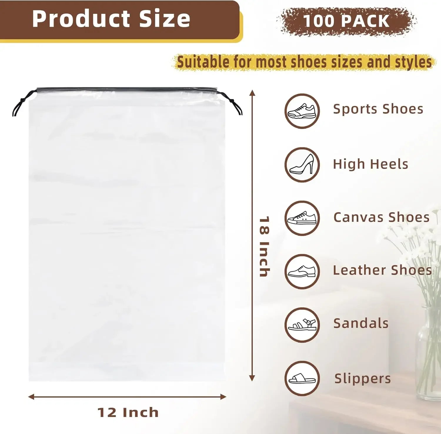 100 Pack Clear Waterproof Shoe Bags, 12x18 Inches Large Travel Storage with Drawstring for Men and Women Peaceful Pleasures Health and Wellness