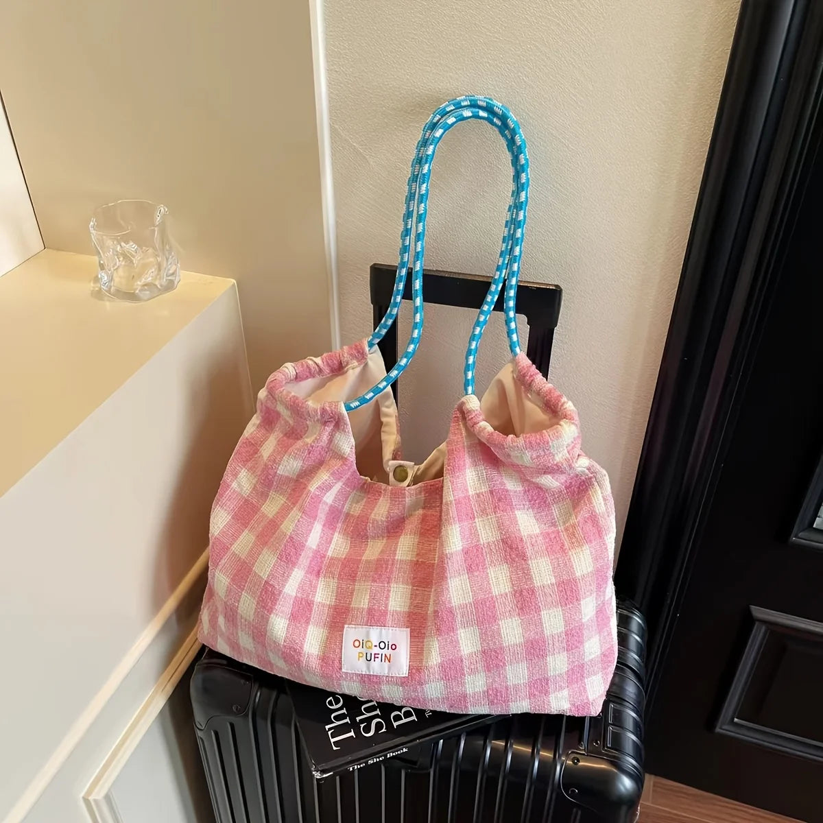 Women's Large Canvas Tote Bag – Korean Plaid Shoulder Bag