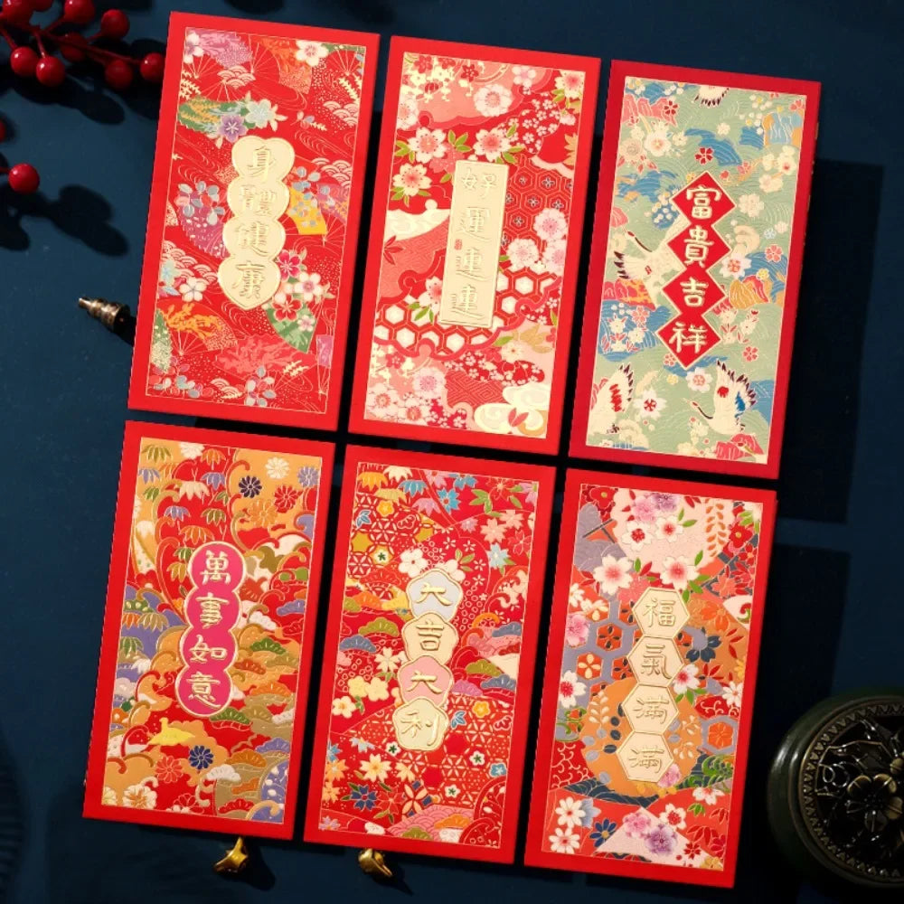 6pcs Hot Stamping Chinese New Year Red Envelope Rectangular Mixed Pattern Red Packet Thickened Solid Lucky Money Bag Peaceful Pleasures Health and Wellness Style B