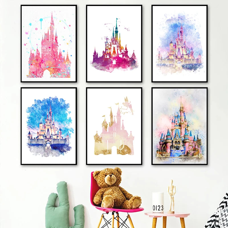 Watercolor Princess Castle Canvas Print | Girls Nursery Wall Art
