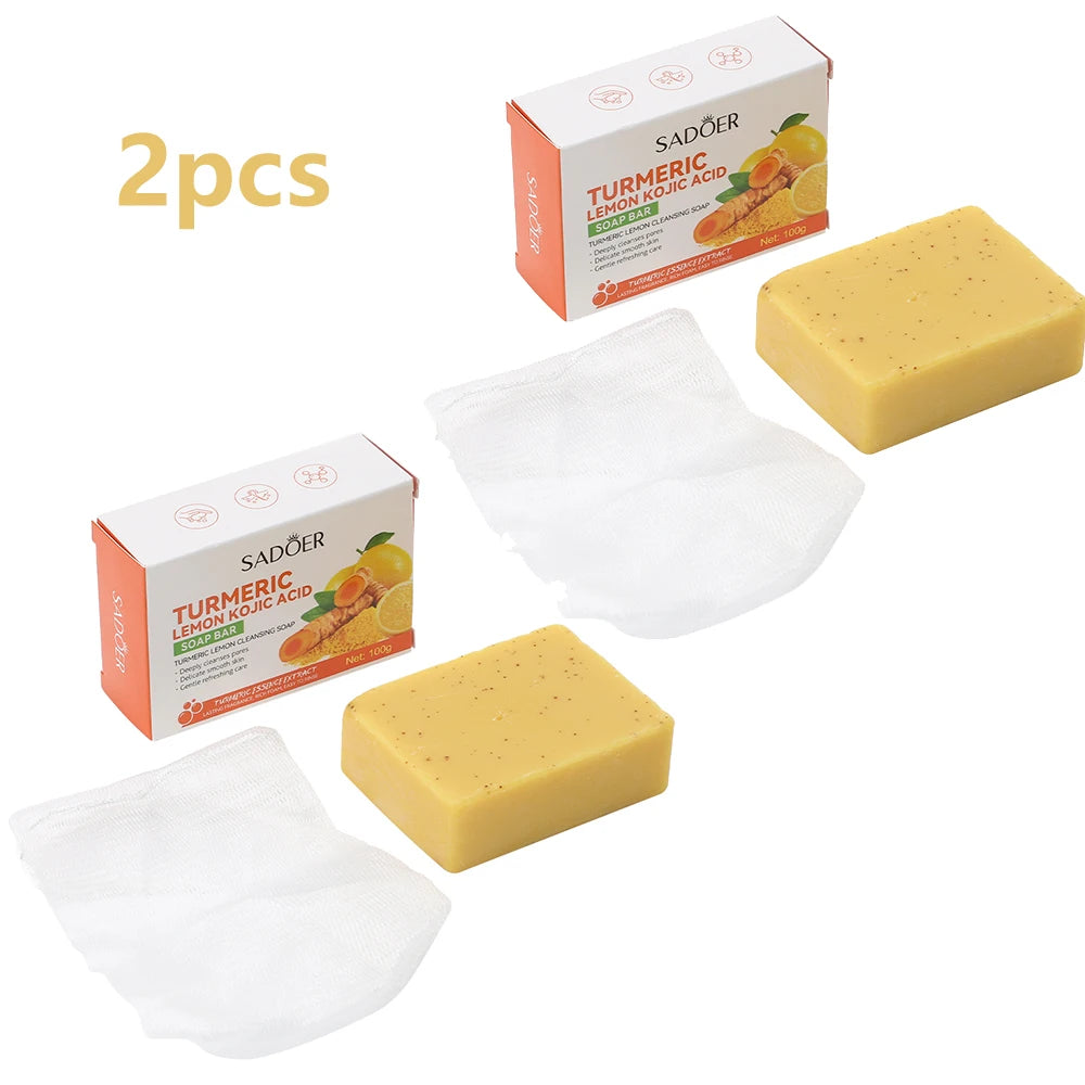 1/2pc 100g Kojic Acid Turmeric Lemon Soap Bar Handmade Brightening Soap for Dark Spots Face Body Wash Cleanser with Foaming Net Peaceful Pleasures Health and Wellness 2pc