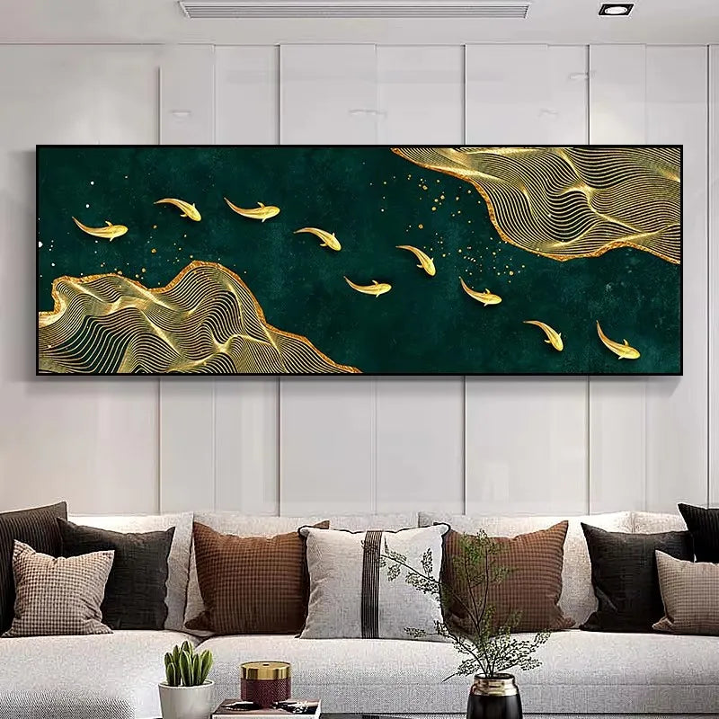 Large Wall Decorative Painting on Canvas Chinese Style Koi Poster Nine Fish Illustration Feng Shui Carp Lotus Pond Home Decor Peaceful Pleasures Health and Wellness ZLH3496 80x240cm Unframed
