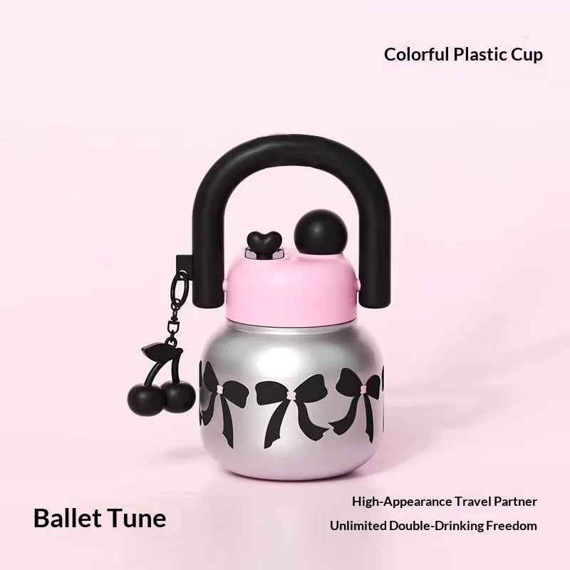 New Cute Water Bottle with Decoration, Dual Straws Design, Anti-Lipstick Stain, Detachable Travel Strap Durable Plastic Material Peaceful Pleasures Health and Wellness silver bow 800ML