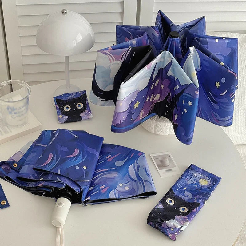 Purple Cartoon Cat Folding Umbrella – UV & Sun Protection