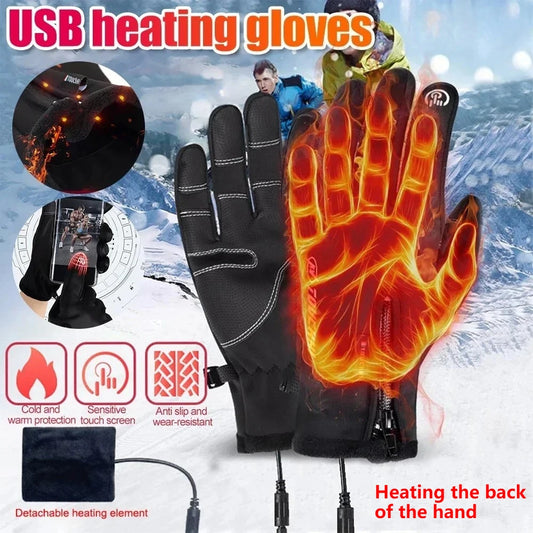 USB Electric Heated Gloves Winter Outdoor Sports Skiing Warm Gloves Waterproof Anti-Slip Motorcycle Cycling Gloves Touch Screen Peaceful Pleasures Health and Wellness